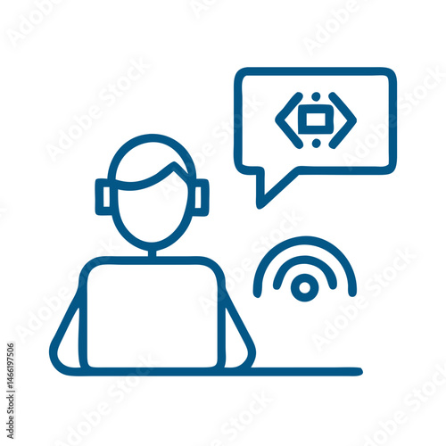 Support agent with headset and chatbot icon in blue outline style