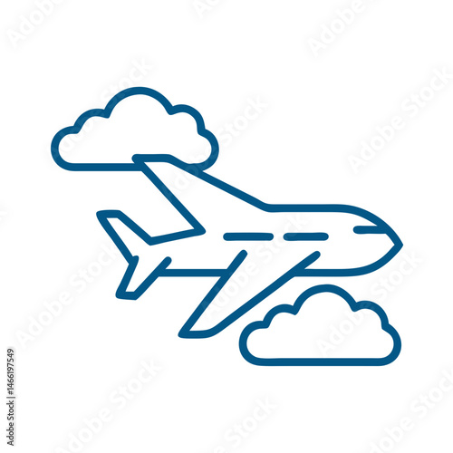 Airplane flying among clouds icon in blue outline style