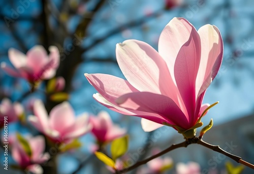 Close-up of a vibrant magnolia blossom against a sunny spring backdrop , fresh, detail