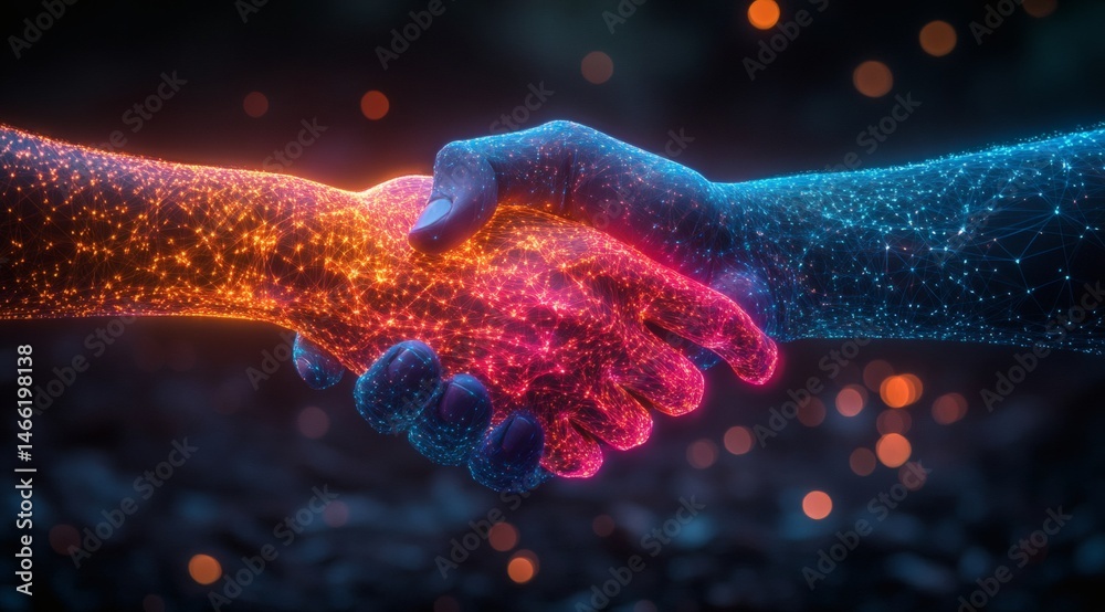 Two hands shaking as digital network shape representing technology-driven collaboration and business connection on geometric blue backdrop