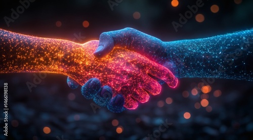Obraz na płótnie Two hands shaking as digital network shape representing technology-driven collaboration and business connection on geometric blue backdrop
w salonie