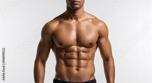 Shirtless muscular man showing six-pack abs, white studio background