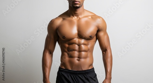 Shirtless muscular man showing six-pack abs, white studio background