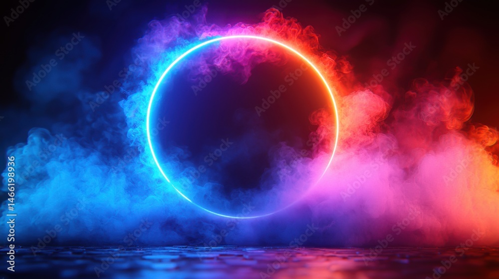 Colorful Neon Smoke Circle on Dark Background with Dramatic Lighting Colorful Neon Smoke Circle on Dark Background with Dramatic Lighting