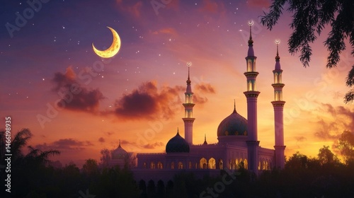 Magical night with a shining crescent moon over a majestic mosque