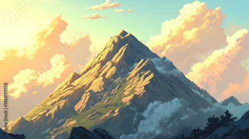 Majestic Mountain Peak Dominated by Striking Light and Fluffy Cloudscape