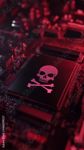 Cybersecurity threat concept with red lighted motherboard and skull symbol on central processor chip, representing AI singularity
