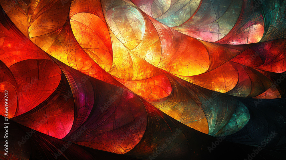 Obraz premium A kaleidoscope of vibrant abstract shapes, reminiscent of multidimensional shading and leaf patterns, flowed harmoniously within an intricate stained glass window, a masterpiece of light and 