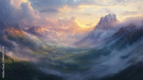 Majestic mountain landscape with ethereal mist and golden sunrise hues