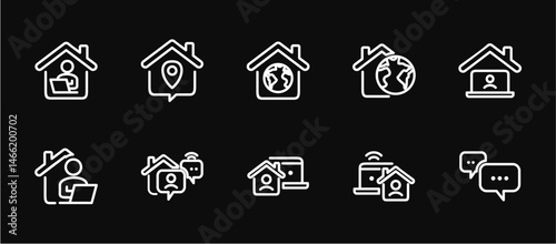 Remote Work Line Icons . Freelancer Work from Home, Video Call, Online Meeting, Teleconference Vector Set