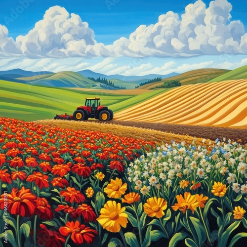 Colorful flower field with tractor on rolling hills