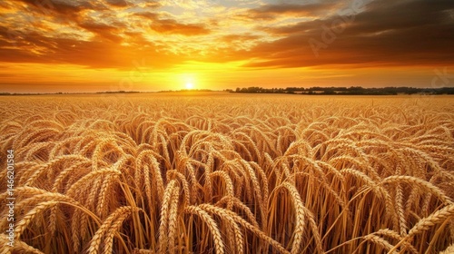 Golden expanse: a serene wheat field under a fiery sunset spectacle