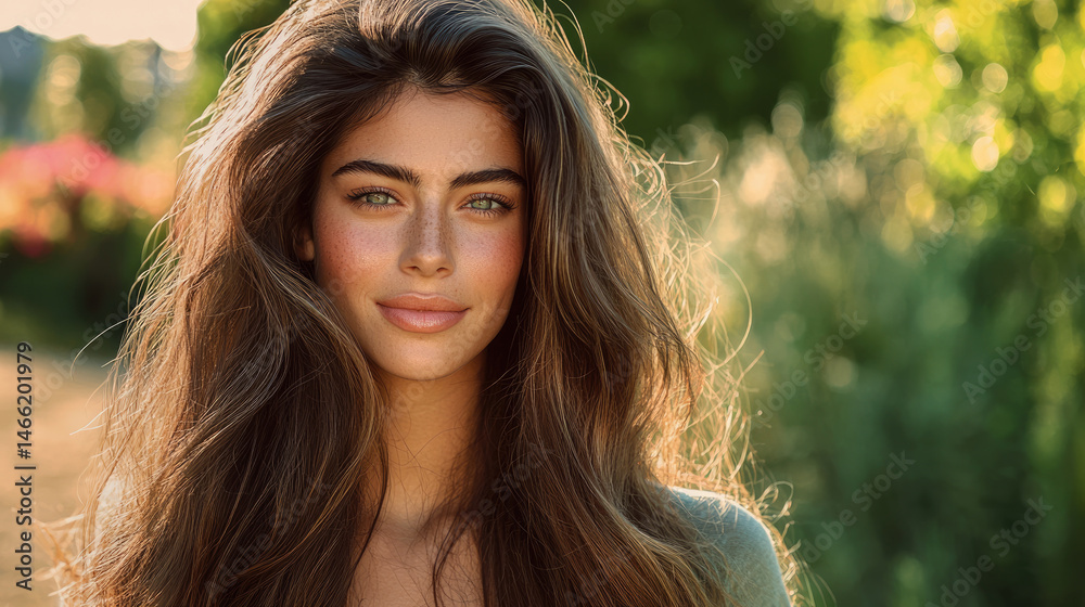 Fototapeta premium Beautiful woman with long silky brown hair, glowing skin, and green eyes standing outdoors in natural sunlight, smiling softly with serene and confident expression