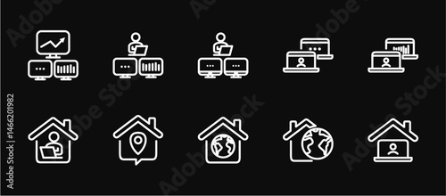 Remote Work Line Icons . Freelancer Work from Home, Video Call, Online Meeting, Teleconference Vector Set