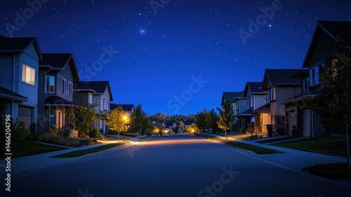 Serene Suburban Nightscape: Houses Under a Starry Night Sky with Street Lights