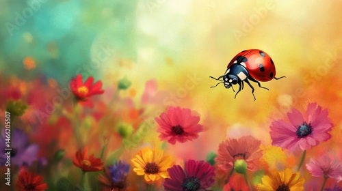 Ladybug gracefully soars above vibrant floral meadow in spring warmth