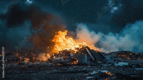 Inferno Under Starry Skies: A Dystopian Landscape of Burning Debris