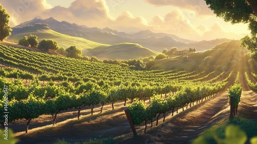 Lush Vineyard Landscape at Sunset with Rows of Grapevines and Rolling Hills
