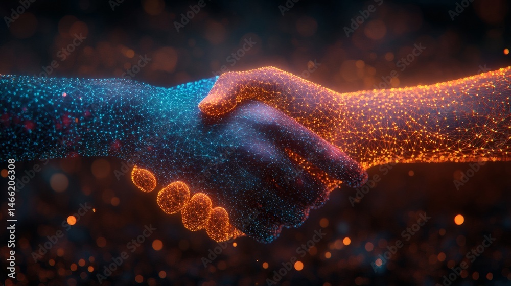 Two hands shaking as digital network shape representing technology-driven collaboration and business connection on geometric blue backdrop