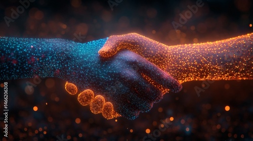 Obraz na płótnie Two hands shaking as digital network shape representing technology-driven collaboration and business connection on geometric blue backdrop
w salonie
