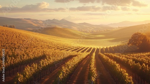Tranquil Tuscan Vineyard at Sunrise: Golden light over rolling vineyard hills