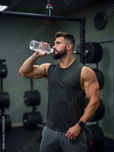 A man drinking water from a bottle in a gym