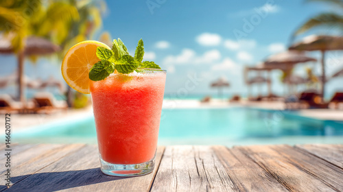 Refreshing pink cocktail with lemon and mint by a sunny poolside, evoking a tropical vacation vibe.