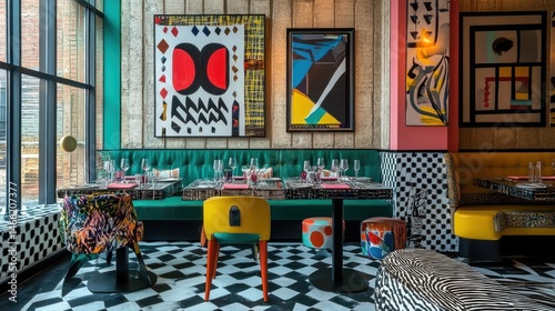 Vibrant dining interior featuring bold patterns and artistic details, showcasing a modern aesthetic