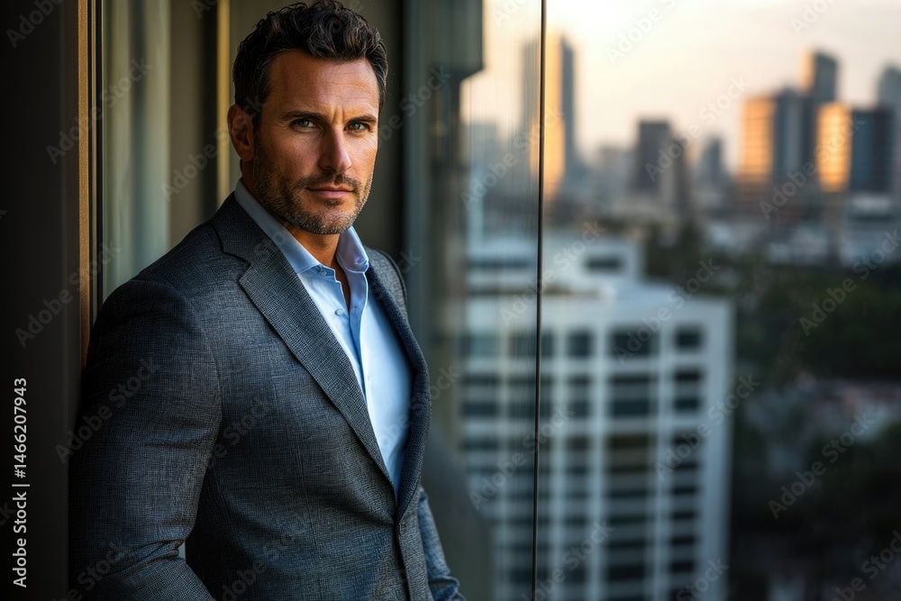 Confident businessman in suit standing by window overlooking city skyline at sunset. Confident businessman in suit standing by window overlooking city skyline at sunset.