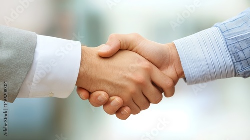 Business professionals warmly shaking hands while building powerful professional relationships for success photo