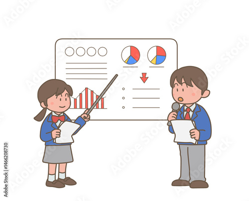 図を使って発表をする男子学生と女子学生