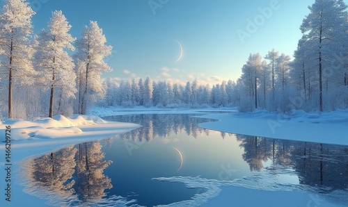 serene depiction of a frozen lake reflecting the light of a crescent moon, surrounded by snow-dusted trees under a clear winter sky, Generative AI