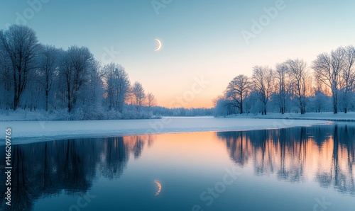 serene depiction of a frozen lake reflecting the light of a crescent moon, surrounded by snow-dusted trees under a clear winter sky, Generative AI