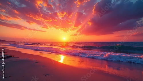 Vibrant sunset hues paint the sky, warm sand reflects the light , orange, vibrant, peaceful