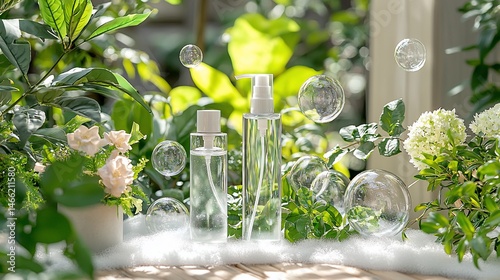 Natural beauty products, clear bottles,  fresh and healthy