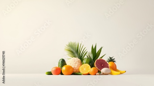 A vibrant display of assorted fruits and vegetables arranged artistically on a clean surface against a neutral background.
