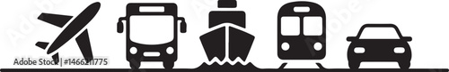 Transport icons. Airplane, Public bus, Train, Ship,Ferry and auto signs. Shipping delivery symbol. Air mail delivery sign. 