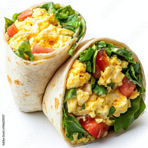 Delicious egg wraps with salad on a white background
