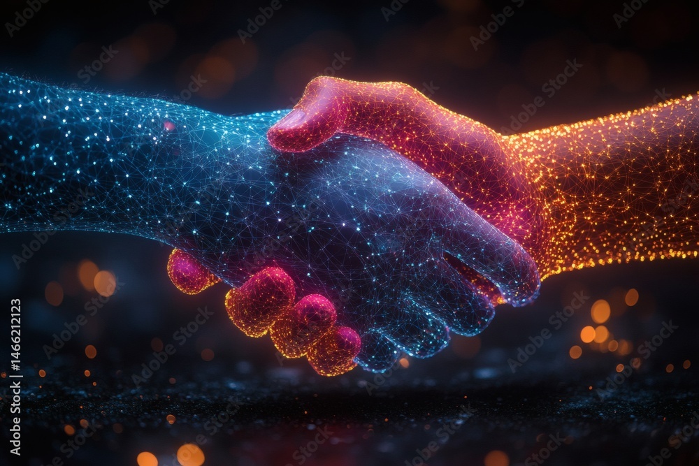 Abstract digital handshake symbolizing business collaboration and partnership on blue background with geometric network design