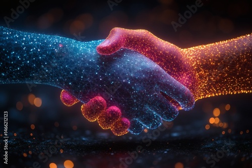Obraz na płótnie Abstract digital handshake symbolizing business collaboration and partnership on blue background with geometric network design
w salonie