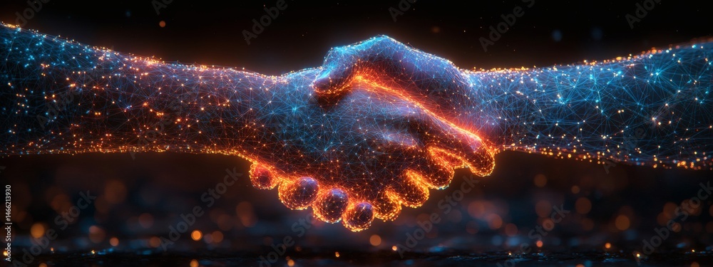 Abstract digital handshake symbolizing business collaboration and partnership on blue background with geometric network design