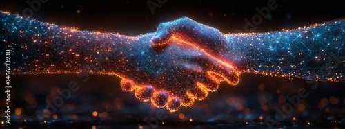 Obraz na płótnie Abstract digital handshake symbolizing business collaboration and partnership on blue background with geometric network design
w salonie