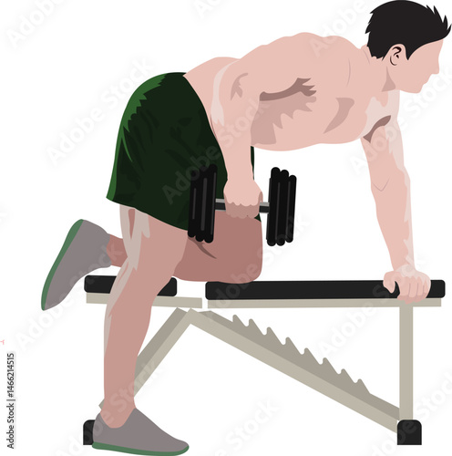 A strong man doing Dumbbell Row exercise with one hand flat vector illustration. Dumbbell workout.