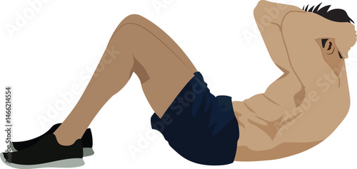 man doing abdominal workout with Crunch on white background flat vector illustration. Abs exercise. 