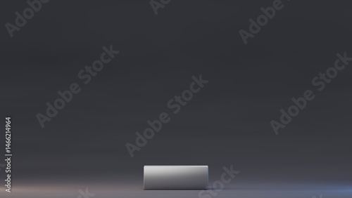 Metal empty podium or pedestal for product presentation, showcase of beauty and cosmetics product. Square mockup platform on dark background. 3d rendering