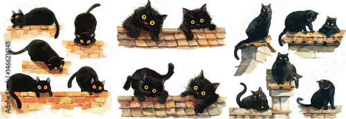 black cat on roof watercolor clipart