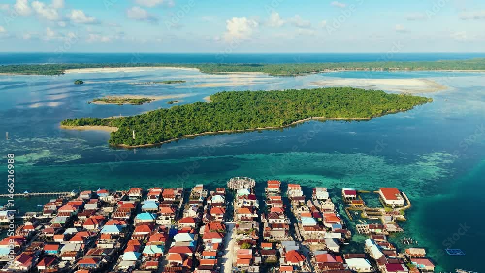 Beautiful drone view a floating village of the Bajo tribe on Wangi-Wangi Island, Wakatobi, Southeast Sulawesi, Indonesia