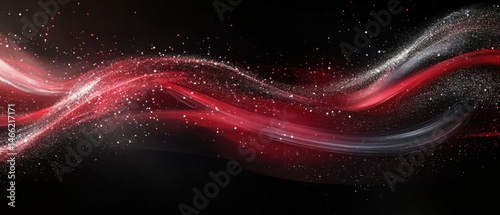 Abstract red and silver wave design with sparkling effects on a dark background.