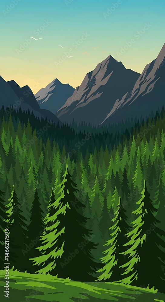 Fototapeta premium Serene Mountain Vista: Lush Forest, Vector Art