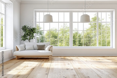 Minimalist bright living room with large windows, white sofa, wooden floor and indoor plant photo